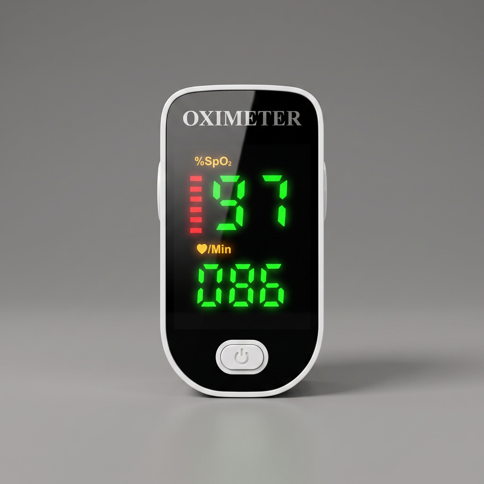 Fingertip pulse oximeter, front view
